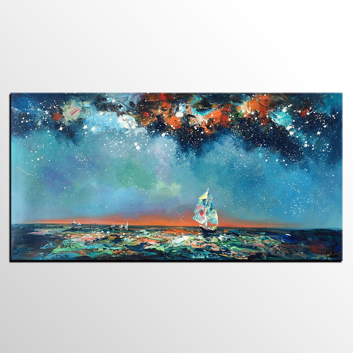 Custom Extra Large Wall Art, Office Painting, Sail Boat under Starry Night Painting, Seascape Painting, Original Artwork-Art Painting Canvas