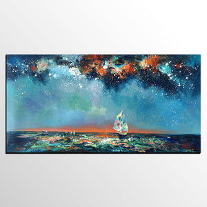 Custom Extra Large Wall Art, Office Painting, Sail Boat under Starry Night Painting, Seascape Painting, Original Artwork-Art Painting Canvas