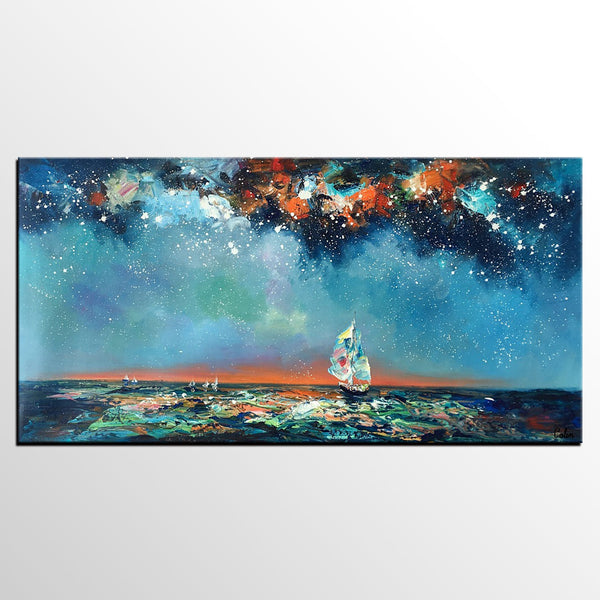 Custom Extra Large Wall Art, Office Painting, Sail Boat under Starry Night Painting, Seascape Painting, Original Artwork-Art Painting Canvas