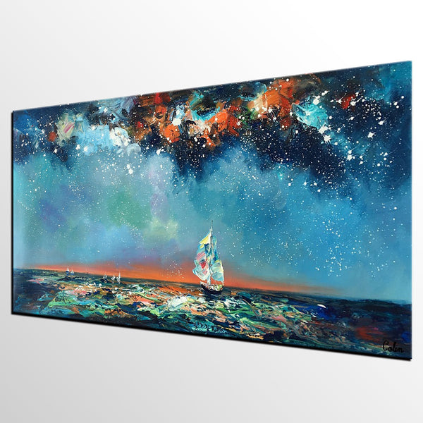 Custom Extra Large Wall Art, Office Painting, Sail Boat under Starry Night Painting, Seascape Painting, Original Artwork-Art Painting Canvas