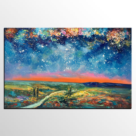 Large Canvas Art Painting, Starry Night Landscape Painting, Custom Large Oil Painting-Art Painting Canvas