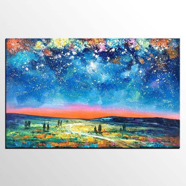 Landscape Oil Paintings, Starry Night Sky Painting, Custom Artwork, Heavy Texture Oil Painting, Landscape Painting for Living Room-Art Painting Canvas