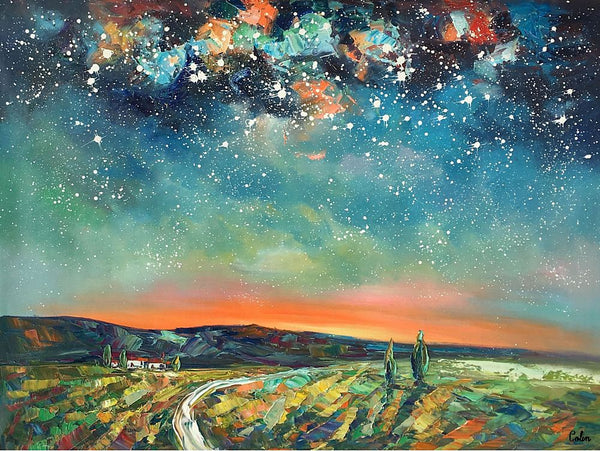 Abstract Landscape Oil Painting, Starry Night Sky Painting, Custom Large Canvas Painting, Heavy Texture Painting-Art Painting Canvas