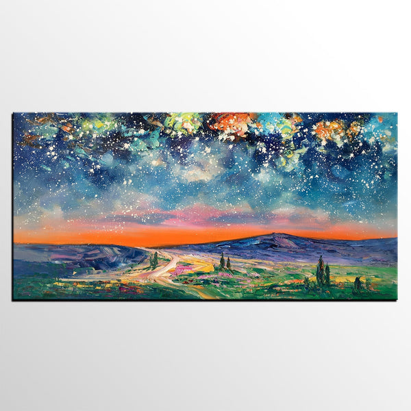 Landscape Oil Painting, Starry Night Sky Painting, Bedroom Wall Art Paintings, Custom Original Painting on Canvas-Art Painting Canvas