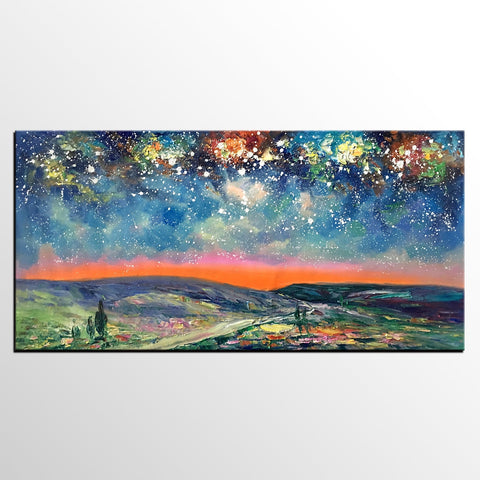 Starry Night Sky Painting, Custom Extra Large Painting, Original Landscape Painting, Canvas Painting for Dining Room-Art Painting Canvas
