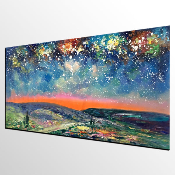 Starry Night Sky Painting, Custom Extra Large Painting, Original Landscape Painting, Canvas Painting for Dining Room-Art Painting Canvas