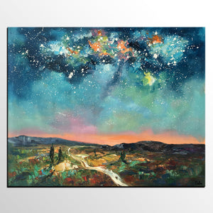 Heavy Texture Landscape Painting, Abstract Landscape Painting, Starry Night Sky, Custom Large Painting-Art Painting Canvas