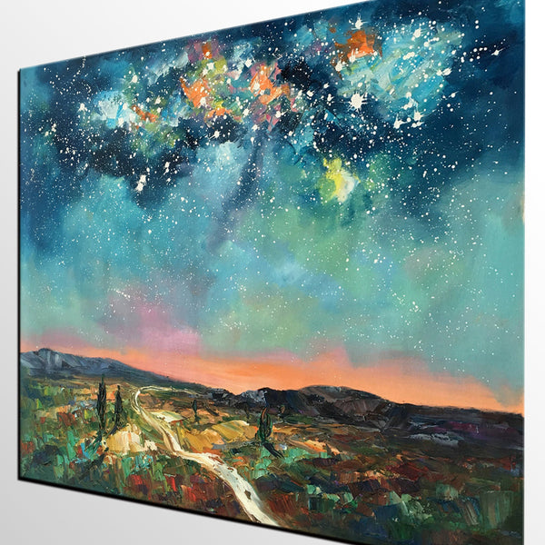 Heavy Texture Landscape Painting, Abstract Landscape Painting, Starry Night Sky, Custom Large Painting-Art Painting Canvas