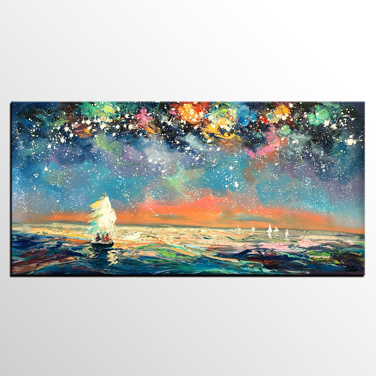 Palette Knife Painting, Impasto Painting, Starry Night Sky Painting, Landscape Canvas Painting for Dining Room, Custom Large Original Painting-Art Painting Canvas