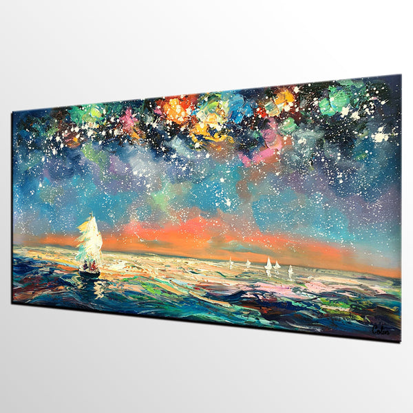 Palette Knife Painting, Impasto Painting, Starry Night Sky Painting, Landscape Canvas Painting for Dining Room, Custom Large Original Painting-Art Painting Canvas