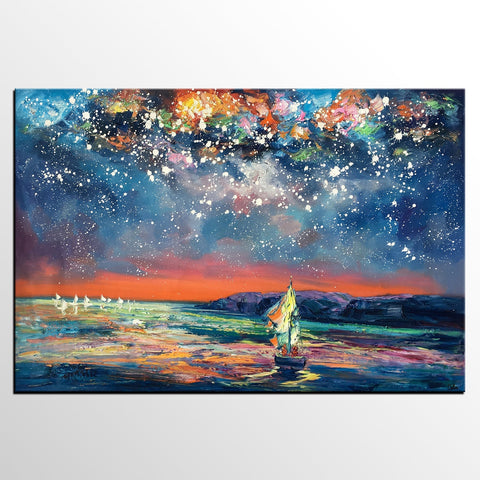 Custom Large Oil Painting, Large Canvas Art Painting, Sail Boat under Starry Night Painting-Art Painting Canvas