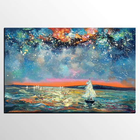 Large Canvas Art Painting, Custom Large Oil Painting, Sail Boat under Starry Night Painting-Art Painting Canvas