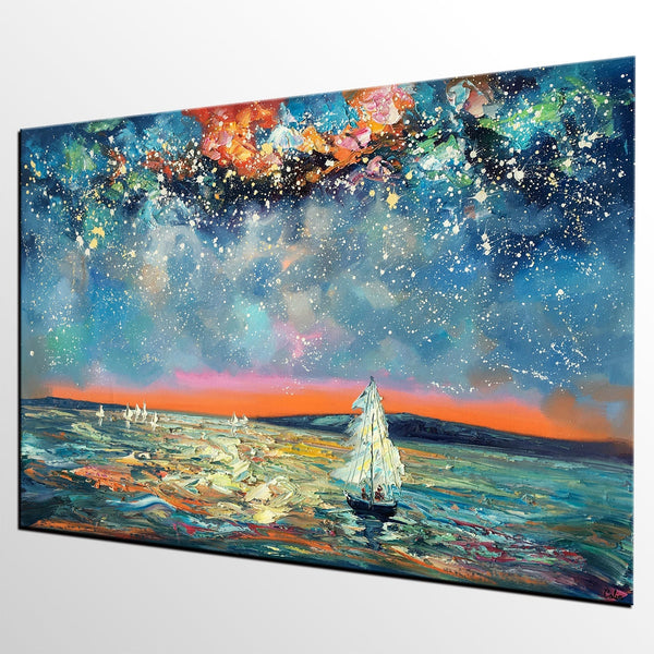 Large Canvas Art Painting, Custom Large Oil Painting, Sail Boat under Starry Night Painting-Art Painting Canvas