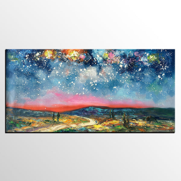 Custom Extra Large Painting, Starry Night Sky Painting, Original Landscape Painting, Canvas Painting for Dining Room-Art Painting Canvas