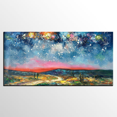 Custom Extra Large Painting, Starry Night Sky Painting, Original Landscape Painting, Canvas Painting for Dining Room-Art Painting Canvas