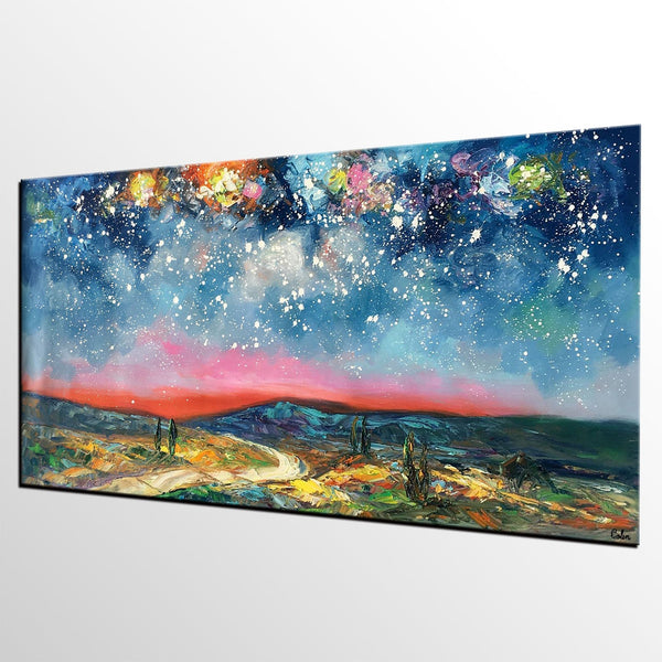 Custom Extra Large Painting, Starry Night Sky Painting, Original Landscape Painting, Canvas Painting for Dining Room-Art Painting Canvas