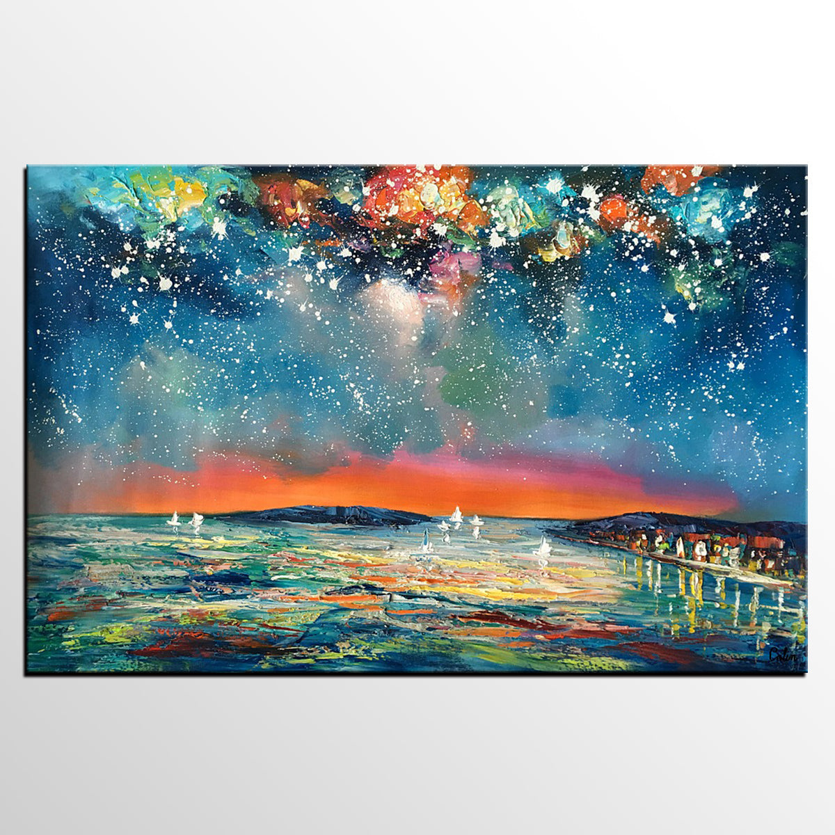 Buy Art Online, Abstract Art for Sale, Sail Boat under Starry Night Sky Painting, Custom Art-Art Painting Canvas