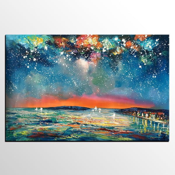 Buy Art Online, Abstract Art for Sale, Sail Boat under Starry Night Sky Painting, Custom Art-Art Painting Canvas
