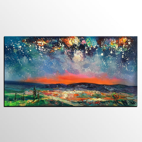 Canvas Painting for Dining Room, Custom Extra Large Painting, Starry Night Sky Painting, Original Landscape Painting-Art Painting Canvas