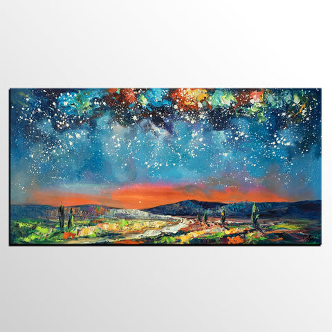 Canvas Painting for Bedroom, Starry Night Sky Painting, Custom Landscape Painting-Art Painting Canvas