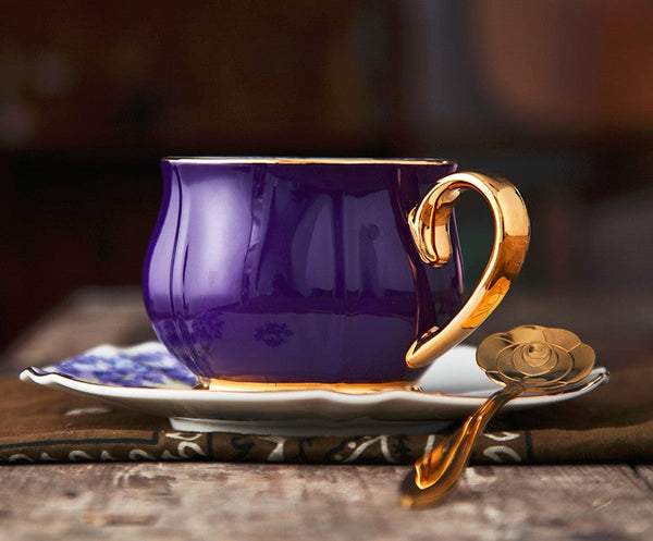 Elegant Purple Ceramic Cups, Unique Coffee Cup and Saucer in Gift Box as Birthday Gift, Beautiful British Tea Cups, Creative Bone China Porcelain Tea Cup Set-Art Painting Canvas
