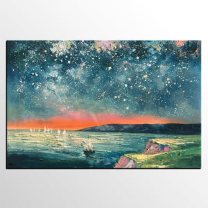Heavy Texture Painting, Landscape Oil Painting, Starry Night Sky Painting, Custom Large Canvas Painting-Art Painting Canvas