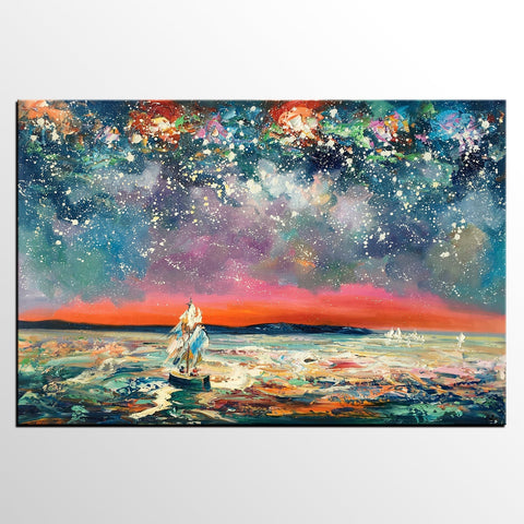 Landscape Canvas Painting, Sail Boat under Starry Night Sky, Canvas Painting for Sale, Custom Landscape Wall Art Paintings, Original Landscape Painting-Art Painting Canvas