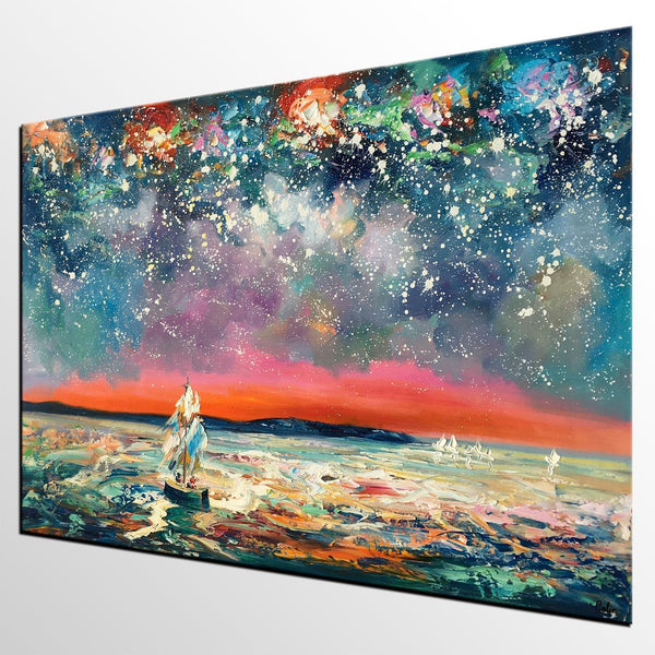 Landscape Canvas Painting, Sail Boat under Starry Night Sky, Canvas Painting for Sale, Custom Landscape Wall Art Paintings, Original Landscape Painting-Art Painting Canvas