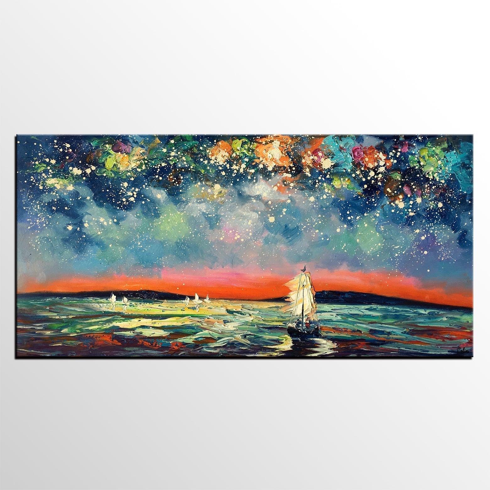 Sail Boat under Starry Night Sky Painting, Landscape Painting, Original Artwork, Custom Extra Large Canvas Painting-Art Painting Canvas