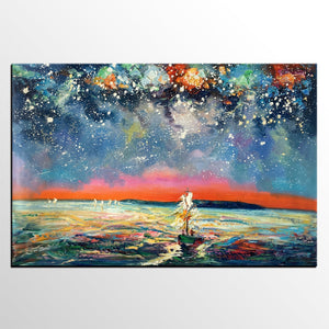 Canvas Painting, Abstract Art, Sail Boat under Starry Night Sky, Custom Landscape Wall Art, Original Painting-Art Painting Canvas