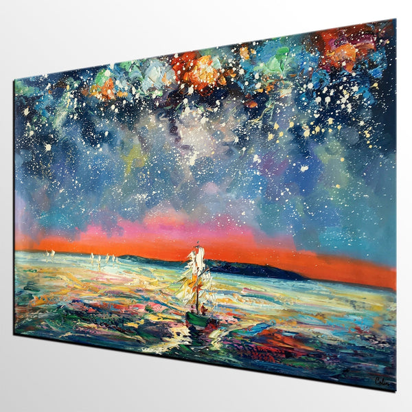 Canvas Painting, Abstract Art, Sail Boat under Starry Night Sky, Custom Landscape Wall Art, Original Painting-Art Painting Canvas