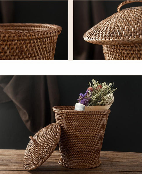 Indonesia Hand Woven Storage Basket with Cover, Natural Fiber Baskets, Small Rustic Basket-Art Painting Canvas