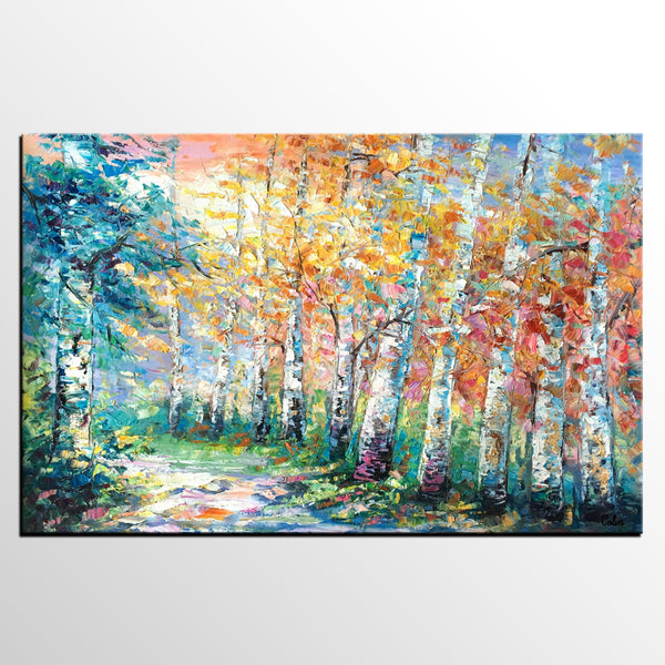 Landscape Painting, Canvas Painting, Birch Tree, Custom Large Abstract Art, Heavy Texture Art-Art Painting Canvas