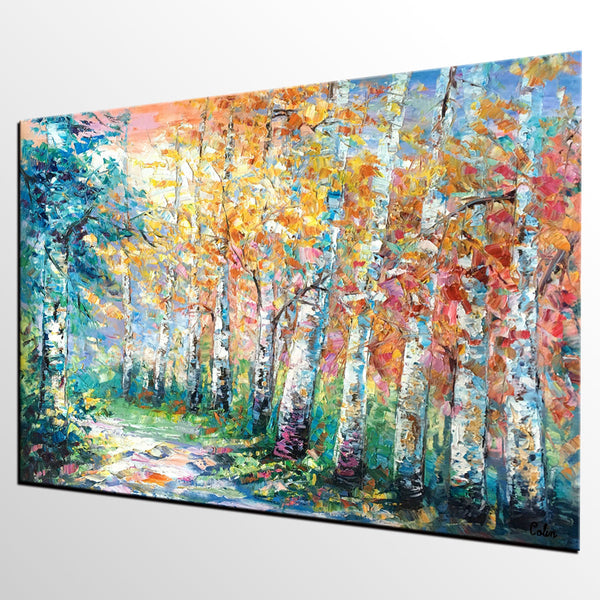 Landscape Painting, Canvas Painting, Birch Tree, Custom Large Abstract Art, Heavy Texture Art-Art Painting Canvas