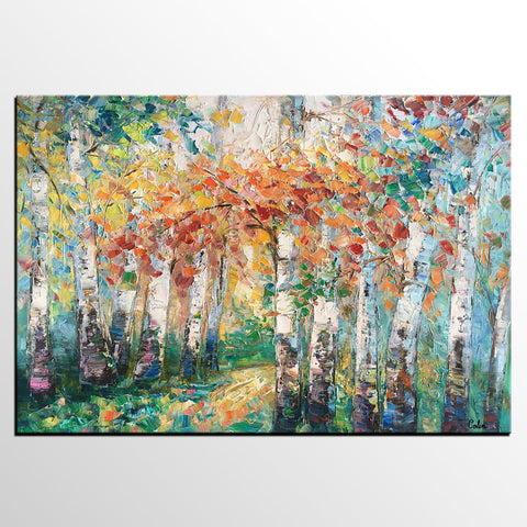 Autumn Birch Tree Painting, Heavy Texture Canvas Painting, Abstract Landscape Painting, Custom Canvas Painting for Dining Room-Art Painting Canvas