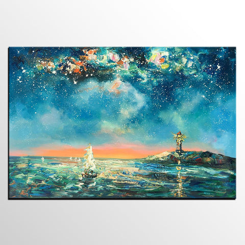 Canvas Painting, Abstract Art, Starry Night Light House Painting, Custom Landscape Wall Art, Original Painting-Art Painting Canvas
