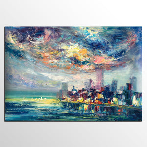 Cityscape Painting, Oil Painting on Canvas, Custom Landscape Canvas Painting, Heavy Texture Wall Art Paintings-Art Painting Canvas
