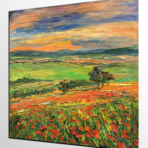 Landscape Painting on Canvas, Flower Field Painting, Heavy Texture Paintings, Custom Original Oil Painting, Living Room Wall Art Paintings-Art Painting Canvas