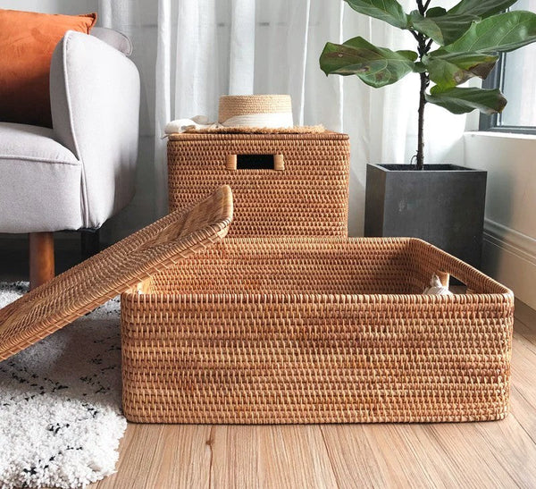 Laundry Storage Baskets for Bathroom, Rectangular Storage Baskets for Clothes, Wicker Storage Baskets for Shelves, Rattan Storage Baskets for Kitchen, Storage Basket with Lid-Art Painting Canvas
