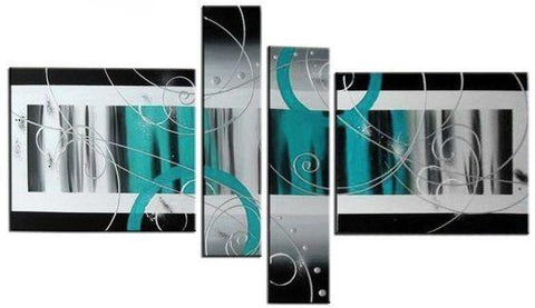 4 Piece Canvas Art, Abstract Oil Painting for Sale, Black and White, Blue Canvas Art, Contemporary Wall Art-Art Painting Canvas