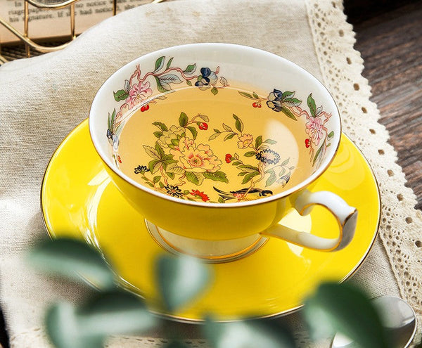 Elegant Yellow Ceramic Cups, Unique Royal Coffee Cup and Saucer, Beautiful British Tea Cups, Creative Bone China Porcelain Tea Cup Set-Art Painting Canvas