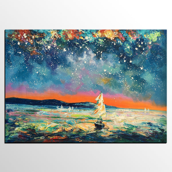 Modern Abstract Art, Oil Painting, Starry Night Sky, Landscape Painting, Bedroom Wall Art-Art Painting Canvas