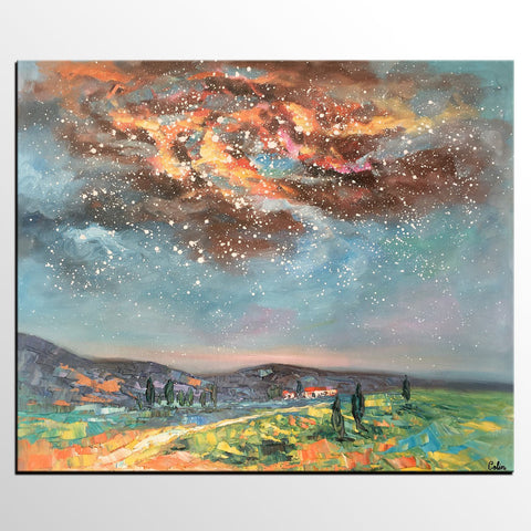 Landscape Oil Painting, Starry Night Sky Painting, Heavy Texture Painting, Custom Abstract Painting-Art Painting Canvas