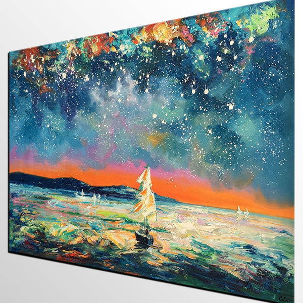 Modern Abstract Art, Oil Painting, Starry Night Sky, Landscape Painting, Bedroom Wall Art-Art Painting Canvas