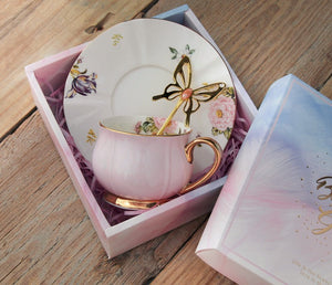 Unique Coffee Cup and Saucer in Gift Box as Birthday Gift, Elegant Pink Ceramic Cups, Beautiful British Tea Cups, Creative Bone China Porcelain Tea Cup Set-Art Painting Canvas