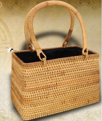 Handmade Rattan Wicker Serving Basket, Small Vintage Woven Handbag-Art Painting Canvas
