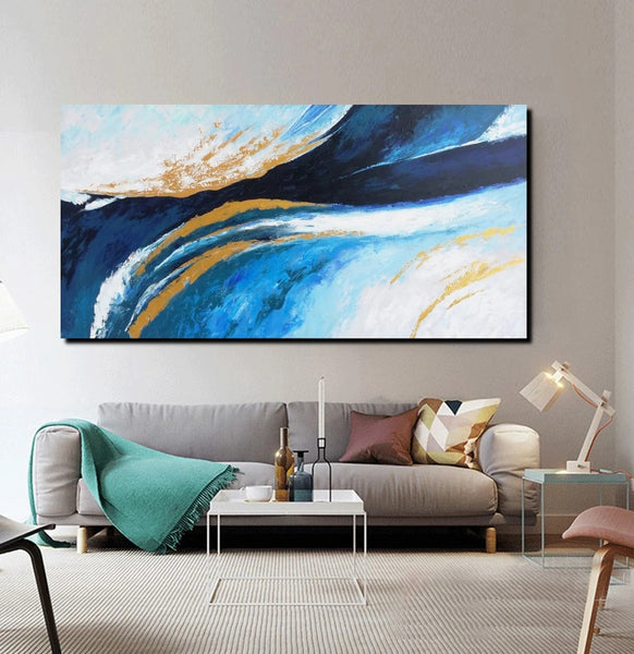 Living Room Wall Art Paintings, Blue Acrylic Abstract Painting Behind Couch, Large Painting on Canvas, Buy Paintings Online, Acrylic Painting for Sale-Art Painting Canvas