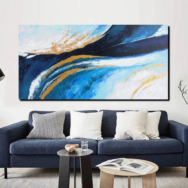 Living Room Wall Art Paintings, Blue Acrylic Abstract Painting Behind Couch, Large Painting on Canvas, Buy Paintings Online, Acrylic Painting for Sale-Art Painting Canvas