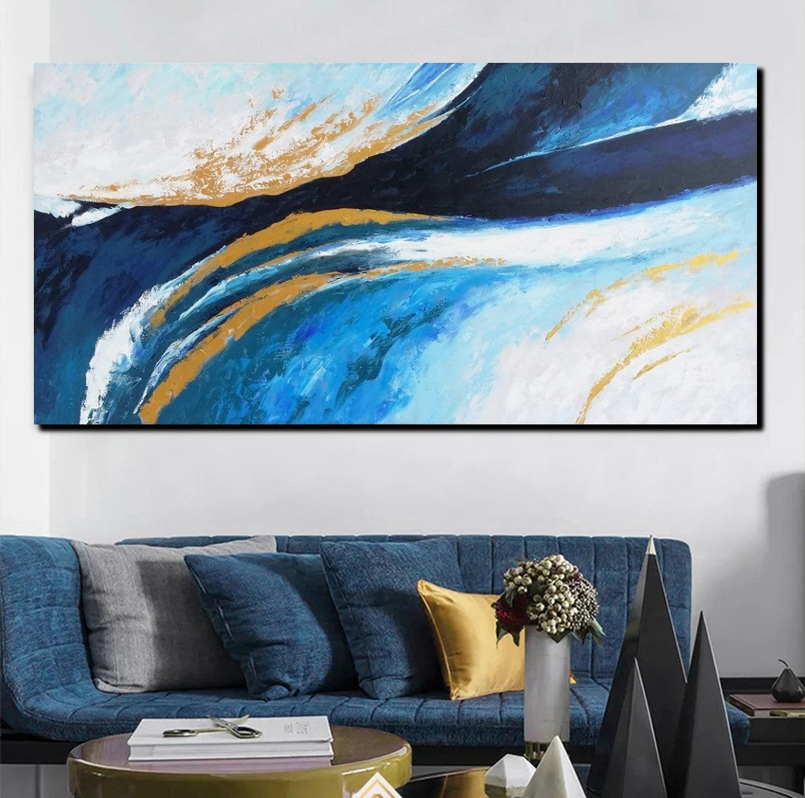 Blue Acrylic Abstract Painting Behind Couch, Large Painting On Canvas For Living Room Wall Art, Hand Painted Modern Art