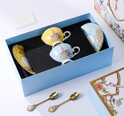 Beautiful Bird Pattern Tea Cups, Creative Bone China Porcelain Tea Cup Set, Elegant Oriental Pheasant Ceramic Cups and Saucers in Gift Box-Art Painting Canvas